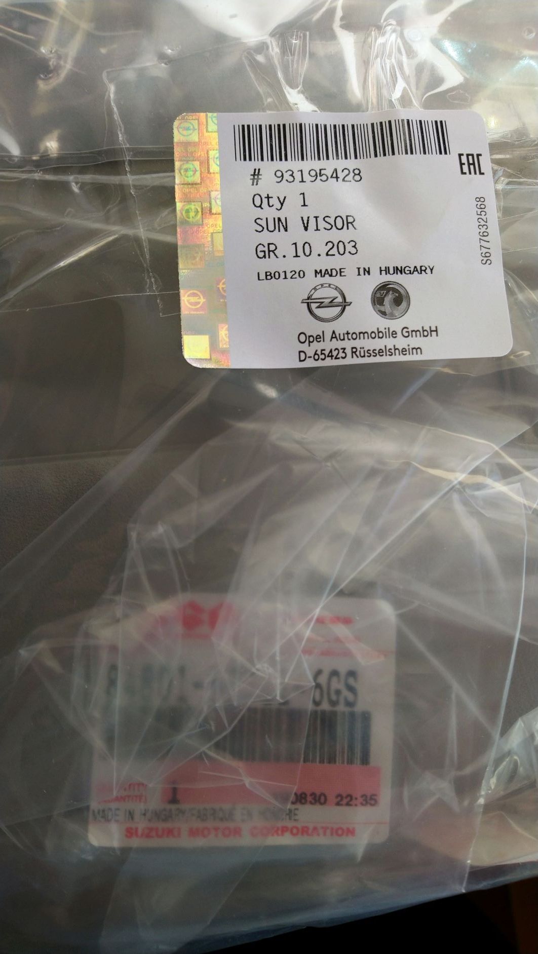 Suzuki branded sun visor in Vauxhall branded packaging